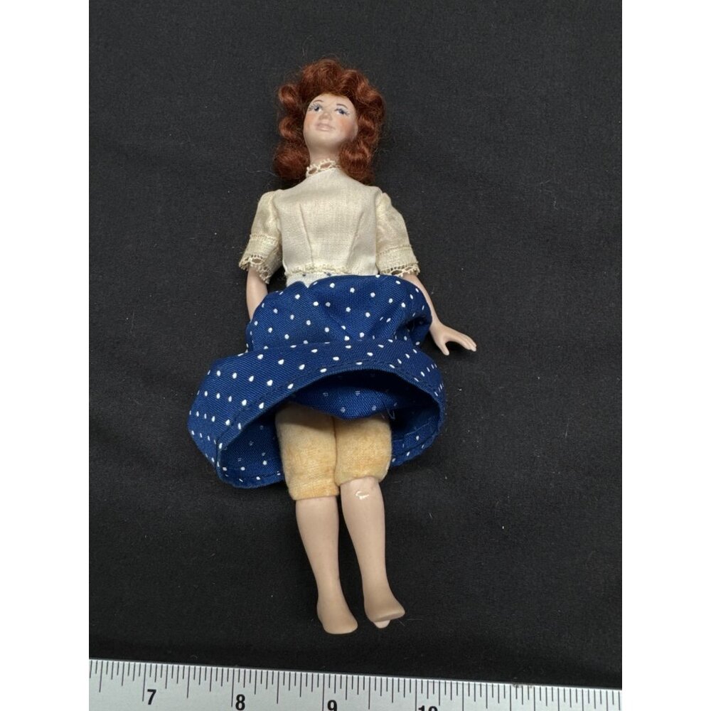 Vintage Porcelain Doll With Red Hair & Polka Dot Skirt